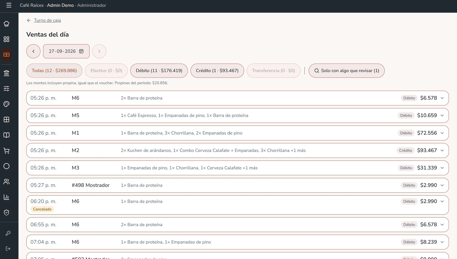 Ventas del día con cada venta, su medio de pago y filtros por efectivo, débito, crédito y transferencia