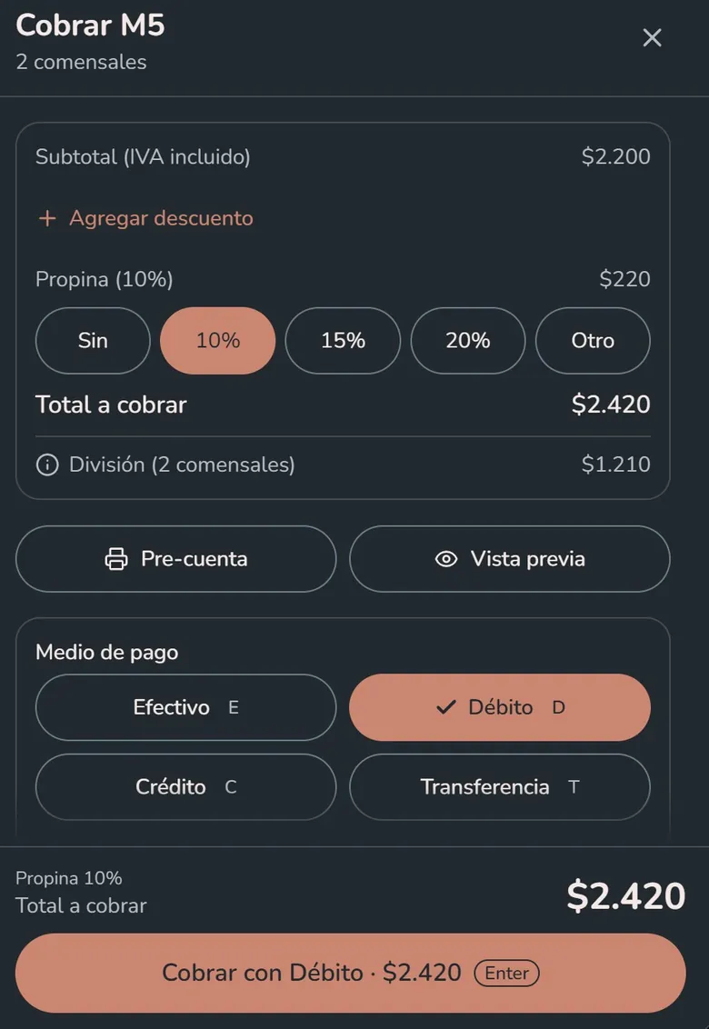 Cobro de la mesa con propina, división entre comensales y selección de medio de pago