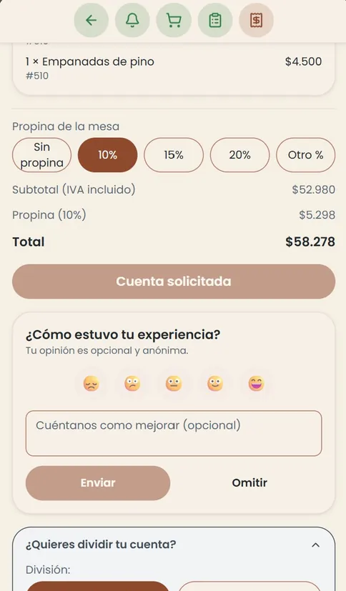 Evaluación anónima y opcional de la experiencia al pedir la cuenta