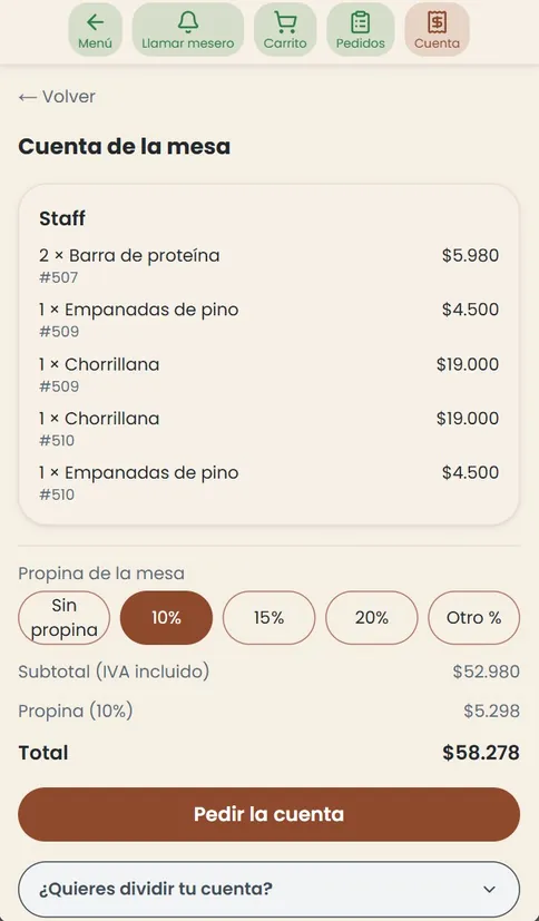 Cuenta de la mesa con propina editable y división del total entre los comensales