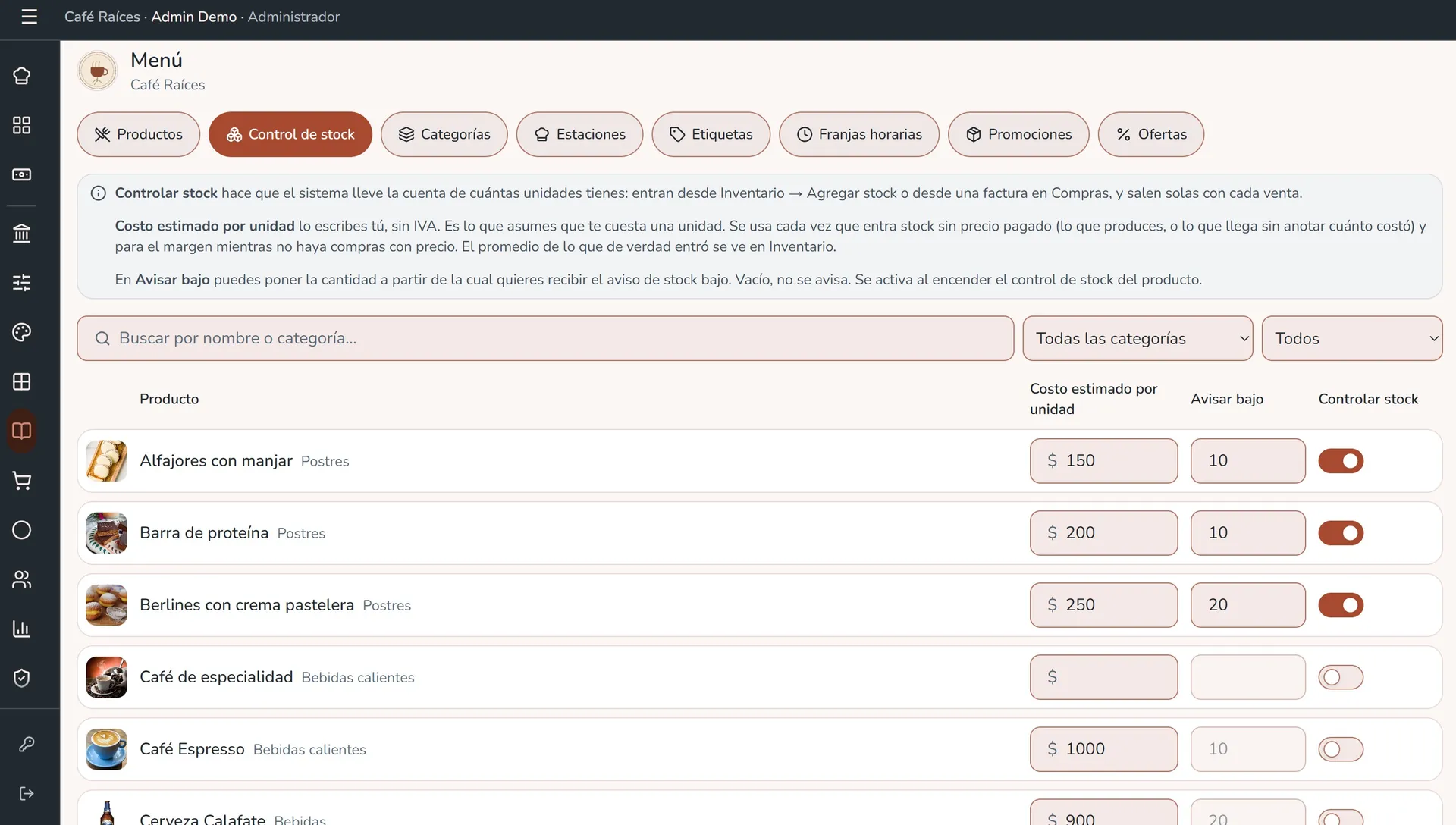Control de stock por producto con costo estimado por unidad y umbral de aviso de stock bajo