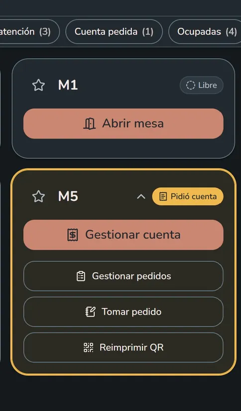 Panel de mesas del staff mostrando la alerta de una mesa que pidió la cuenta