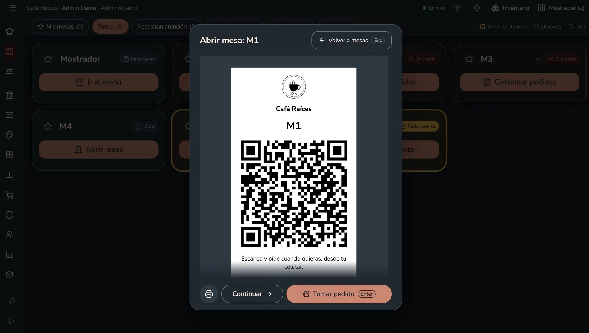 QR de sesión generado al abrir una mesa, listo para imprimir o tomar el pedido
